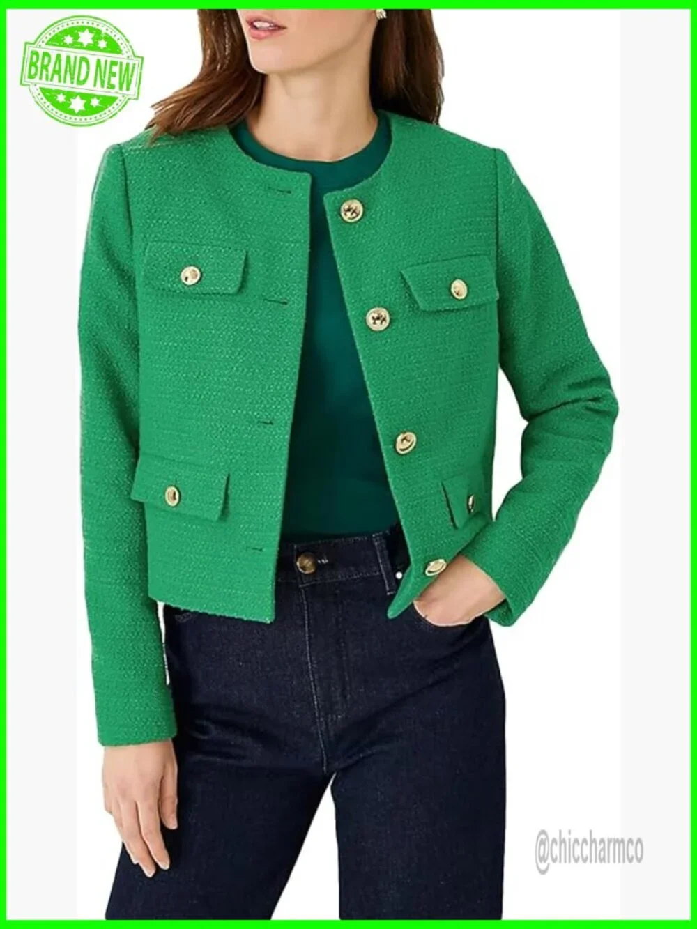 Cropped Tweed Blazer Jacket Slim Collarless Business Casual